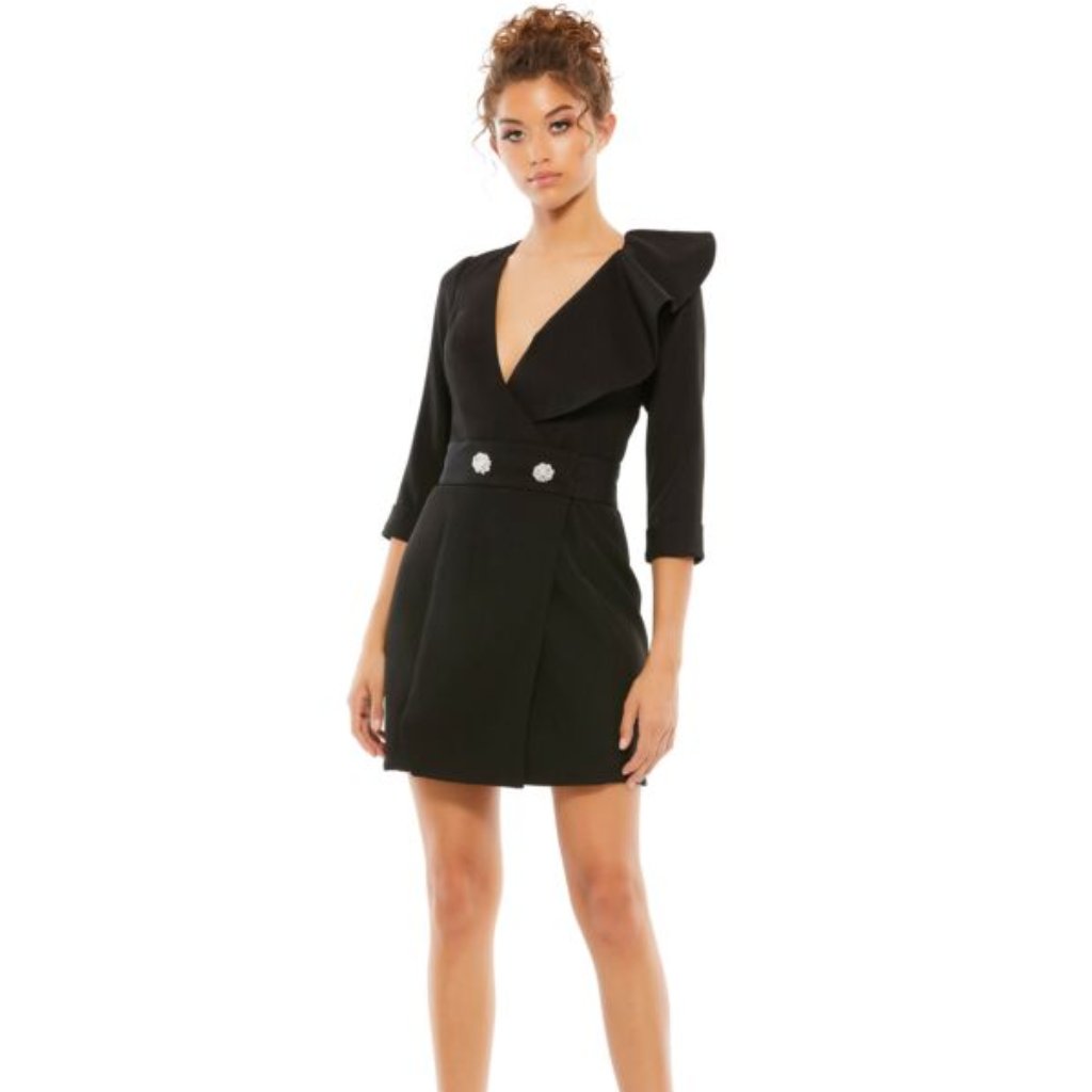 Ieena For Mac Duggal 55692 Three Quarter Sleeve Ruffle Neck Black Dress Size 10